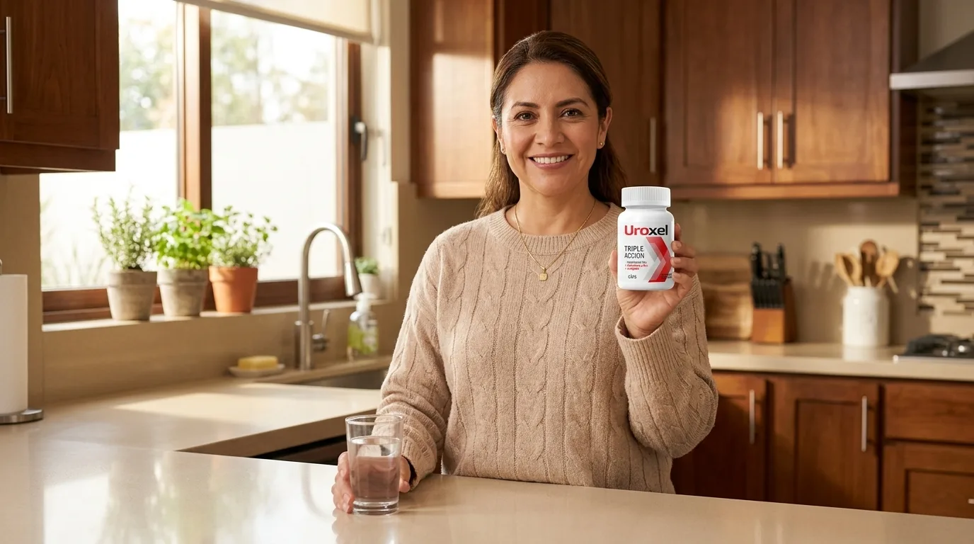 Mujer mexicana sosteniendo el frasco de Uroxel Triple Acción en su cocina