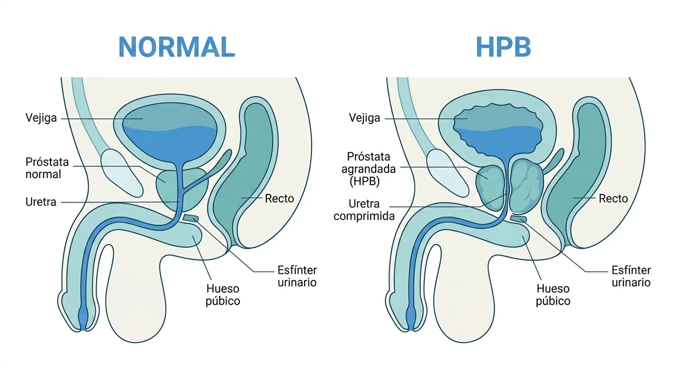 Diagrama anatómico comparativo: próstata normal versus próstata agrandada por Hiperplasia Prostática Benigna (HPB), mostrando la compresión de la uretra