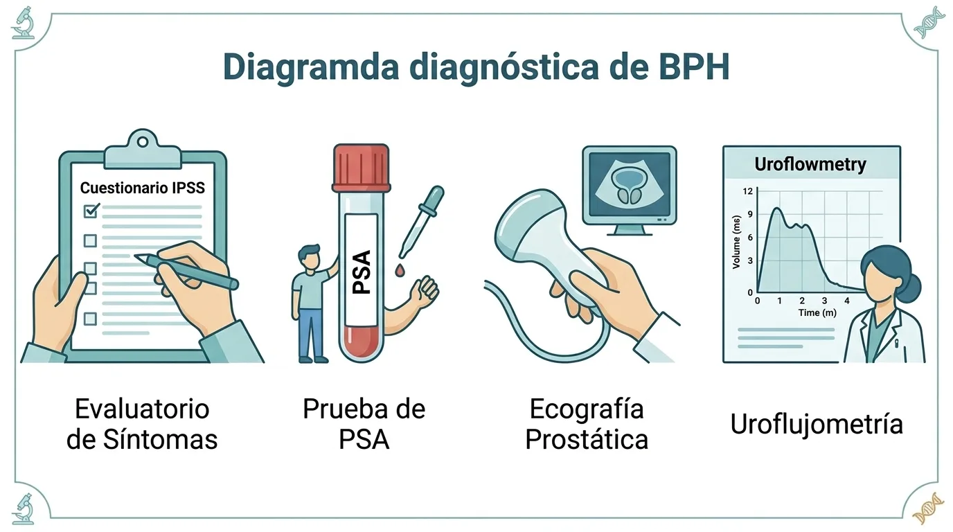 Diagrama de las pruebas diagnósticas para HPB: cuestionario IPSS, prueba de PSA en sangre, ecografía prostática y uroflujometría