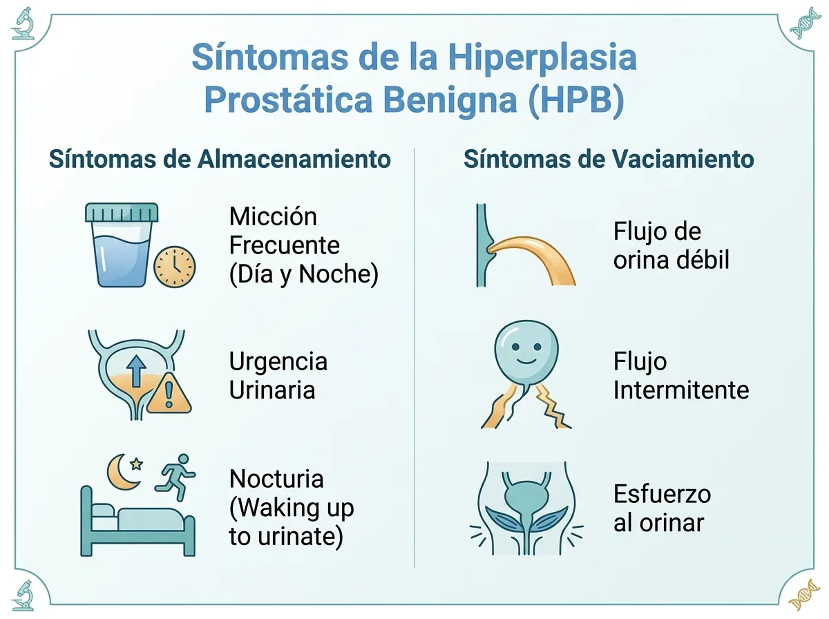 Infografía de síntomas de la Hiperplasia Prostática Benigna: síntomas de almacenamiento (micción frecuente, urgencia, nocturia) y síntomas de vaciamiento (flujo débil, flujo intermitente, esfuerzo al orinar)