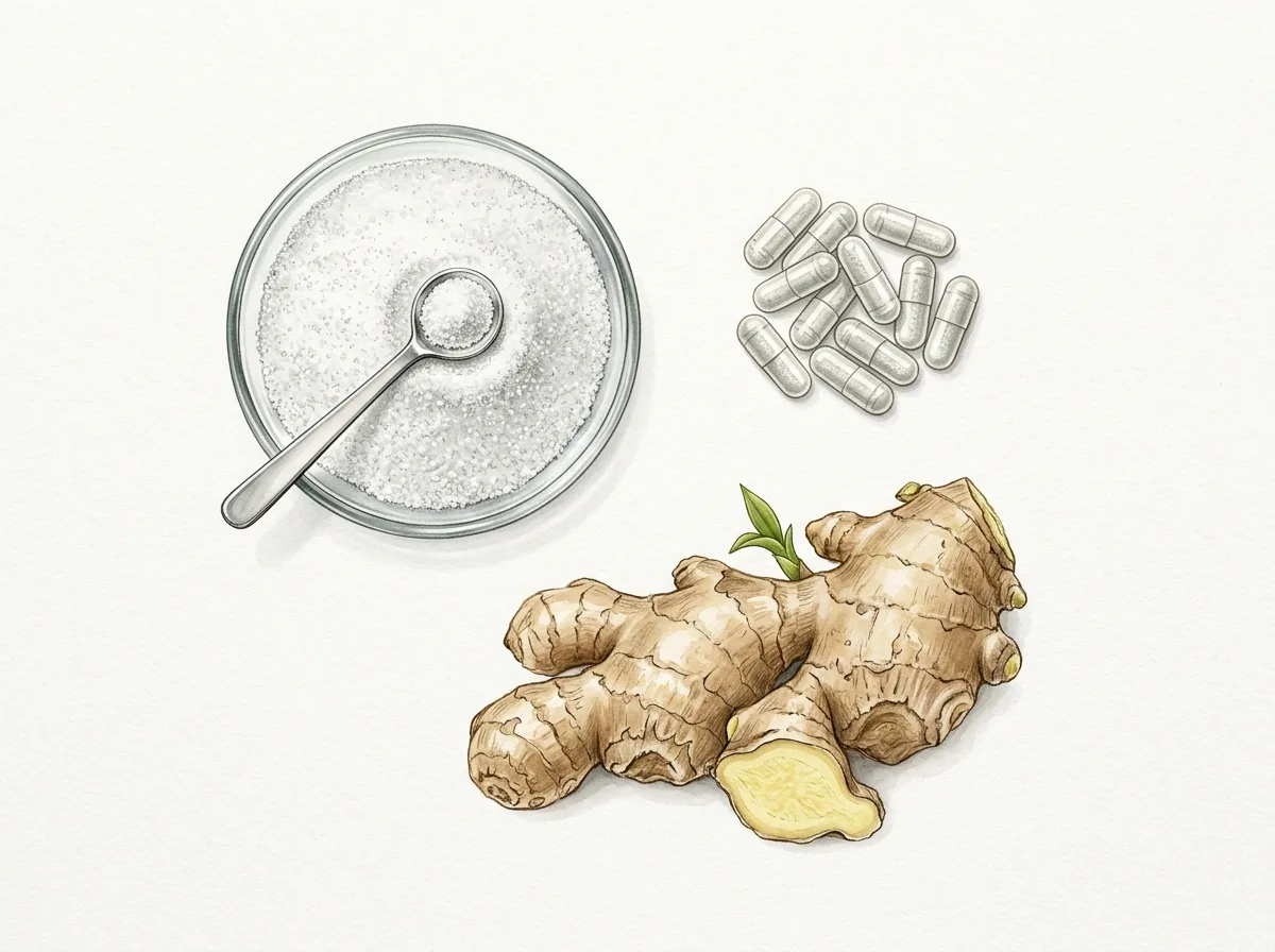 Ilustración botánica de los ingredientes de Uroxel: raíz de jengibre fresca, cápsulas de suplemento y L-Arginina en polvo