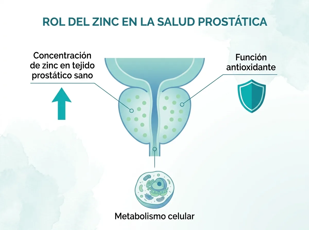 Diagrama científico del rol del zinc en la salud prostática: concentración en tejido sano, función antioxidante y metabolismo celular