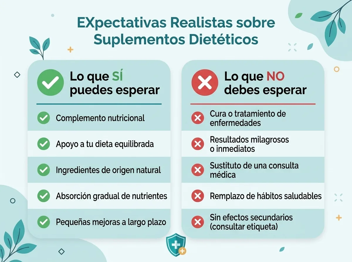 Infografía de expectativas realistas sobre suplementos: lo que sí puedes esperar (complemento nutricional, apoyo a tu dieta) versus lo que no debes esperar (cura de enfermedades, resultados inmediatos)