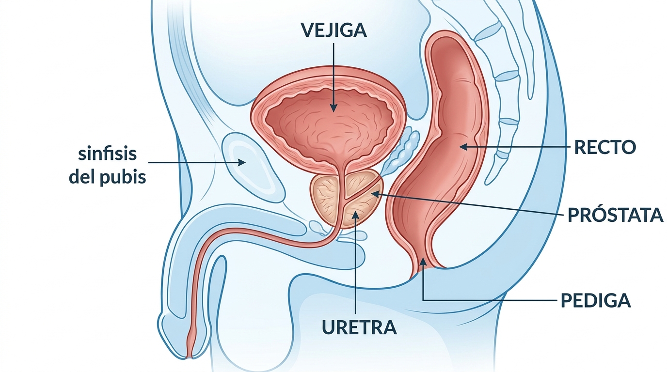 Ilustración anatómica de la próstata mostrando su ubicación entre la vejiga y el recto, con la uretra pasando por el centro