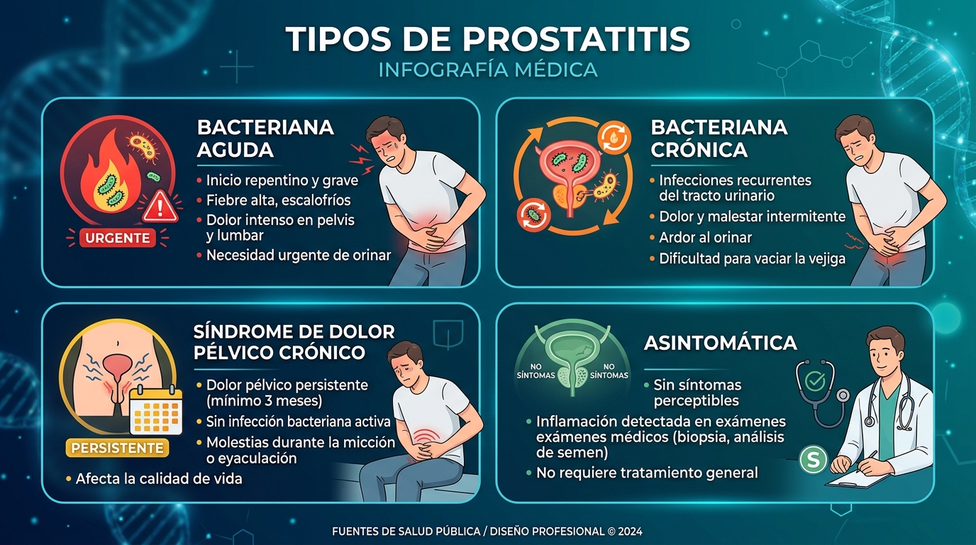 Infografía de los 4 tipos de prostatitis: bacteriana aguda, bacteriana crónica, síndrome de dolor pélvico crónico y asintomática