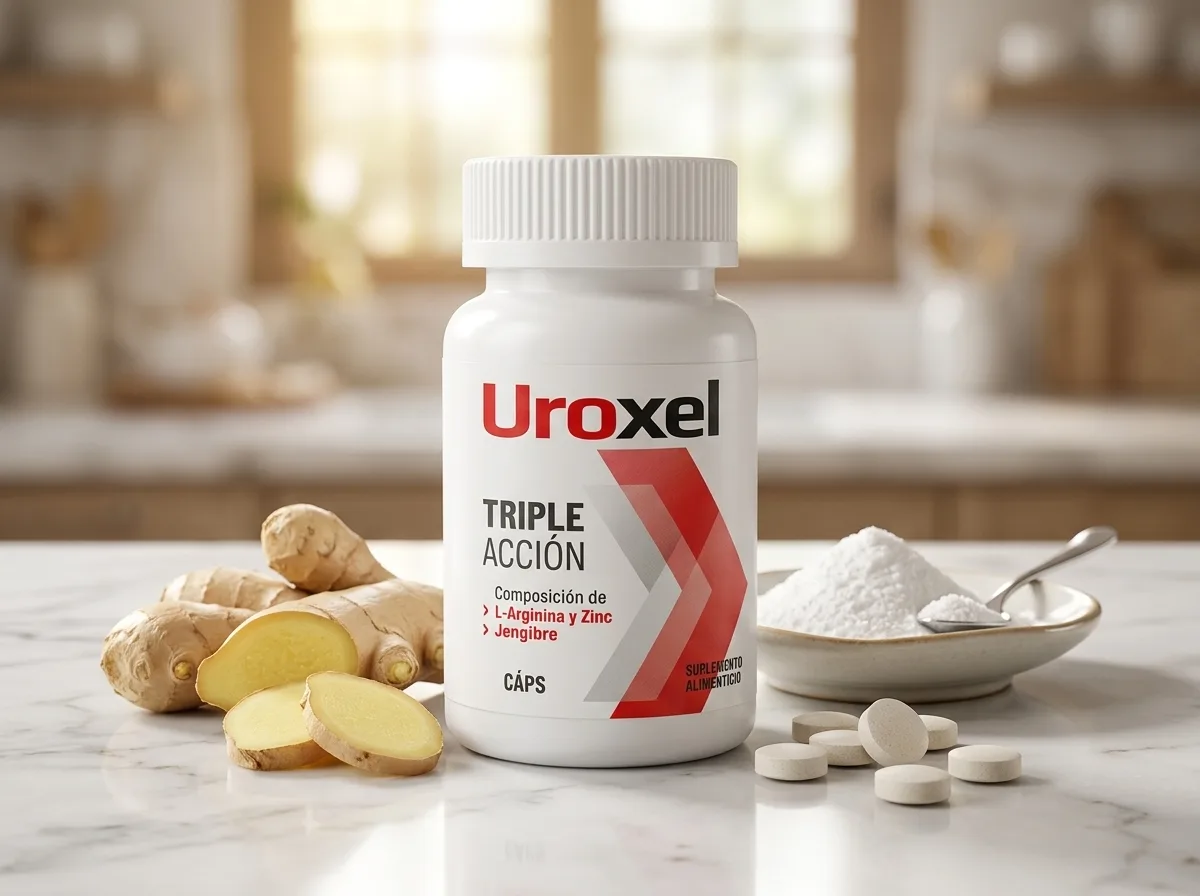 Frasco de Uroxel Triple Acción rodeado de sus ingredientes naturales: raíz de jengibre fresca, polvo de L-Arginina y tabletas de zinc sobre superficie de mármol