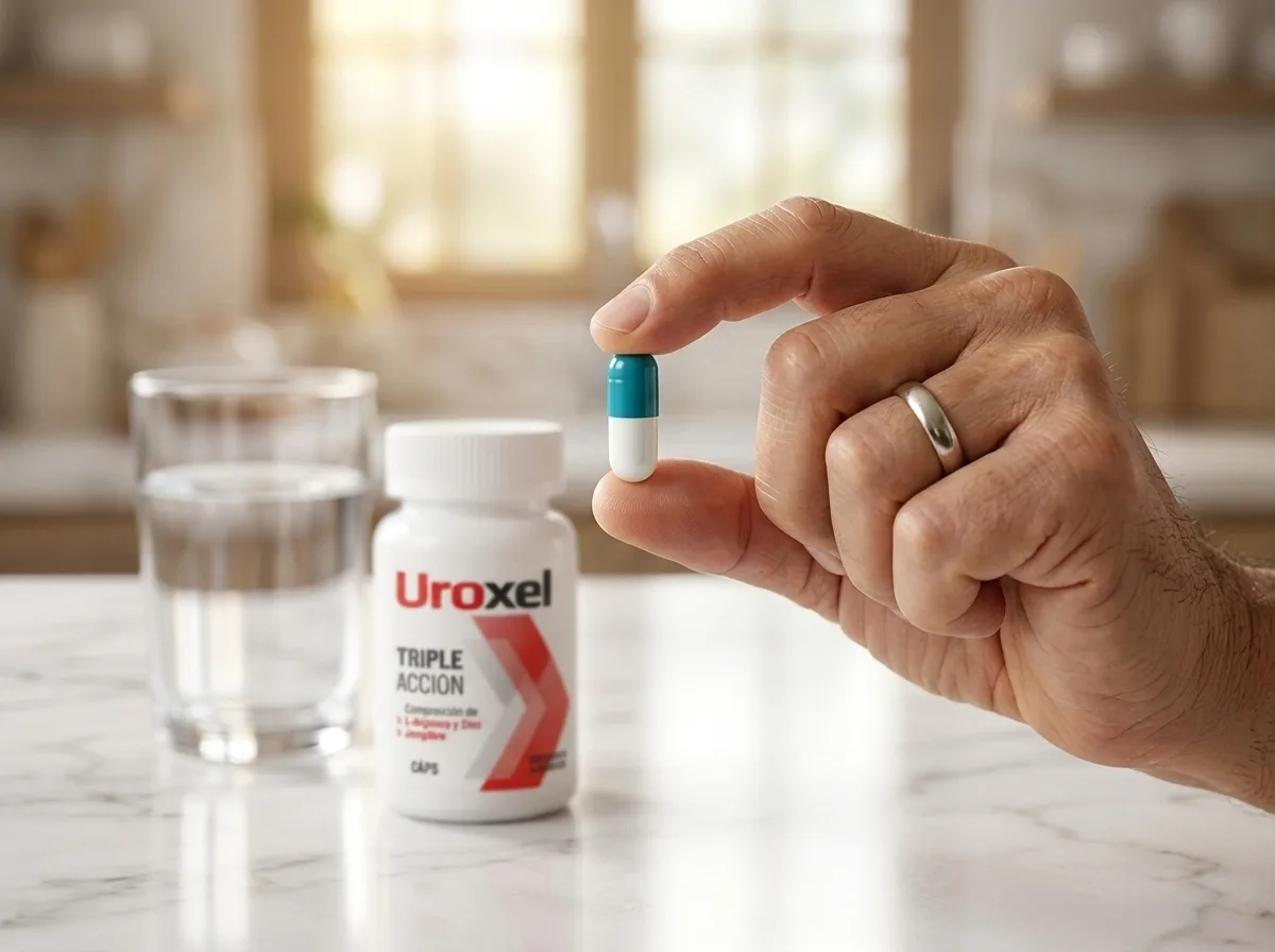 Mano de hombre sosteniendo una cápsula de Uroxel con un vaso de agua y el frasco del producto de fondo