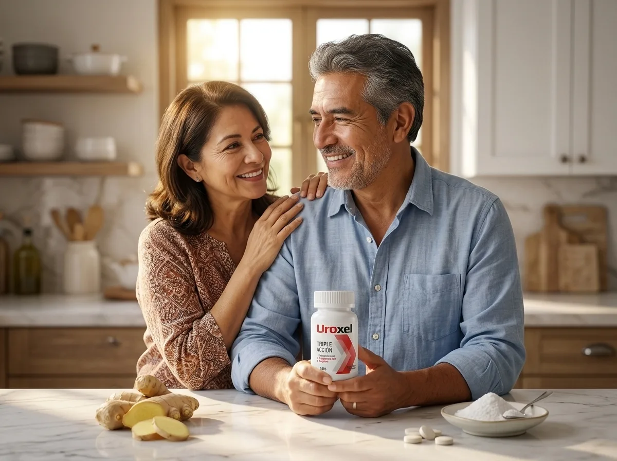 Pareja mexicana en sus 50s sonriendo en su cocina mientras él sostiene el frasco de Uroxel, representando bienestar y vida en pareja