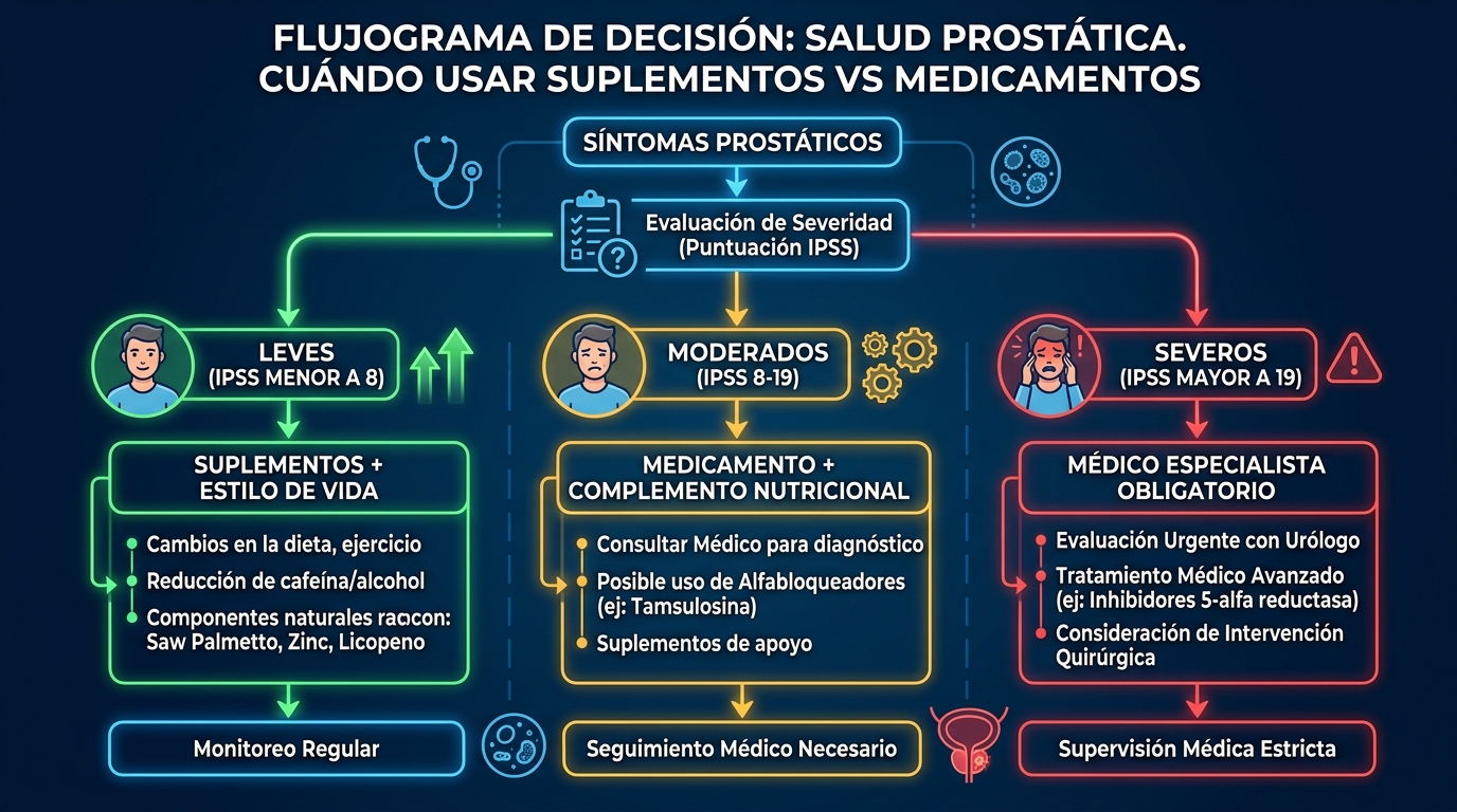Diagrama de decisión: cuándo elegir suplementos vs cuándo necesitas medicamento para la próstata