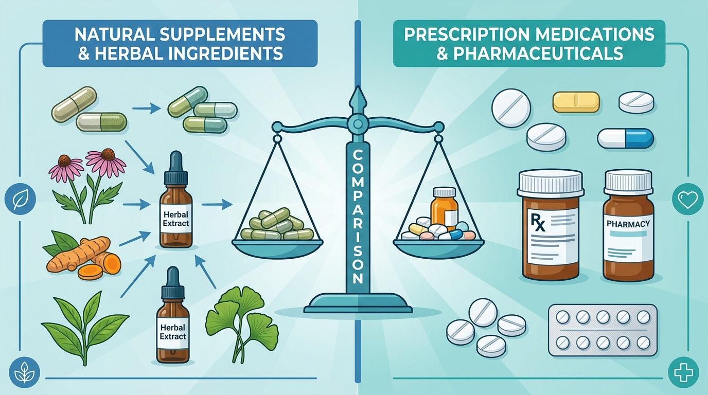 Ilustración comparativa entre suplementos naturales y medicamentos recetados para la próstata