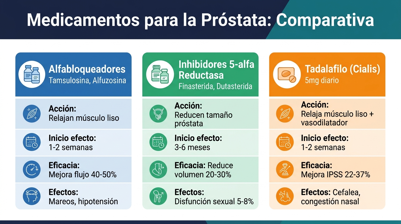 Tabla visual comparando alfabloqueadores, inhibidores 5-alfa reductasa y tadalafilo para la próstata