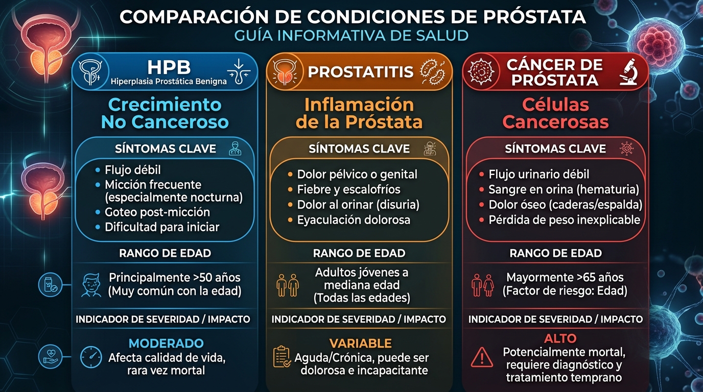 Tabla comparativa ilustrada de las diferencias entre HPB, prostatitis y cáncer de próstata en hombres mexicanos