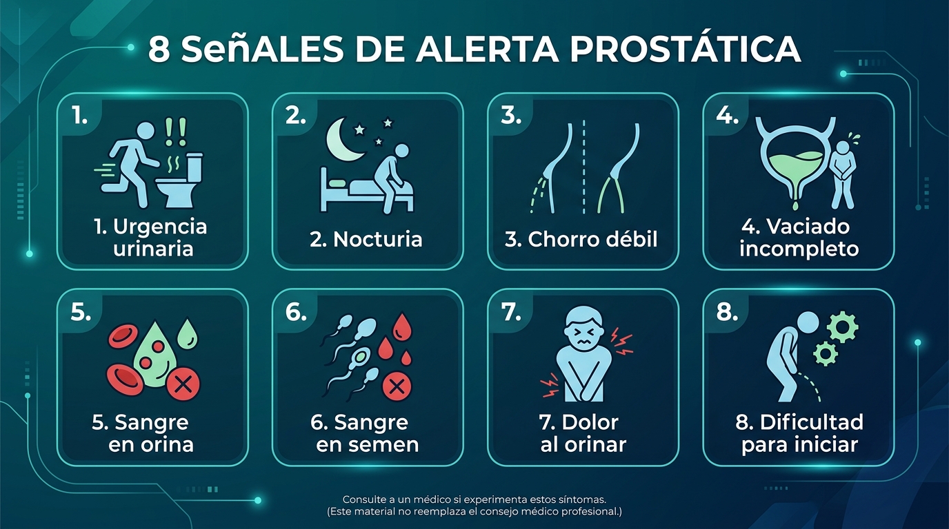 Infografía con las 8 señales de alerta prostática: urgencia, nocturia, chorro débil, vaciado incompleto, sangre en orina, sangre en semen, dolor al orinar, dificultad para iniciar